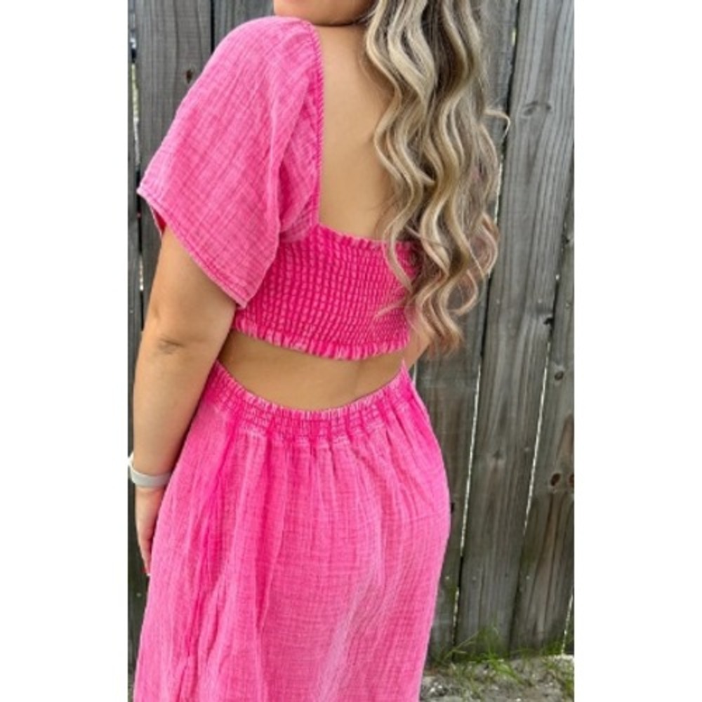 Simply Southern Cutout Romper Womens XXL Pink NEW Gauze Smocked Back